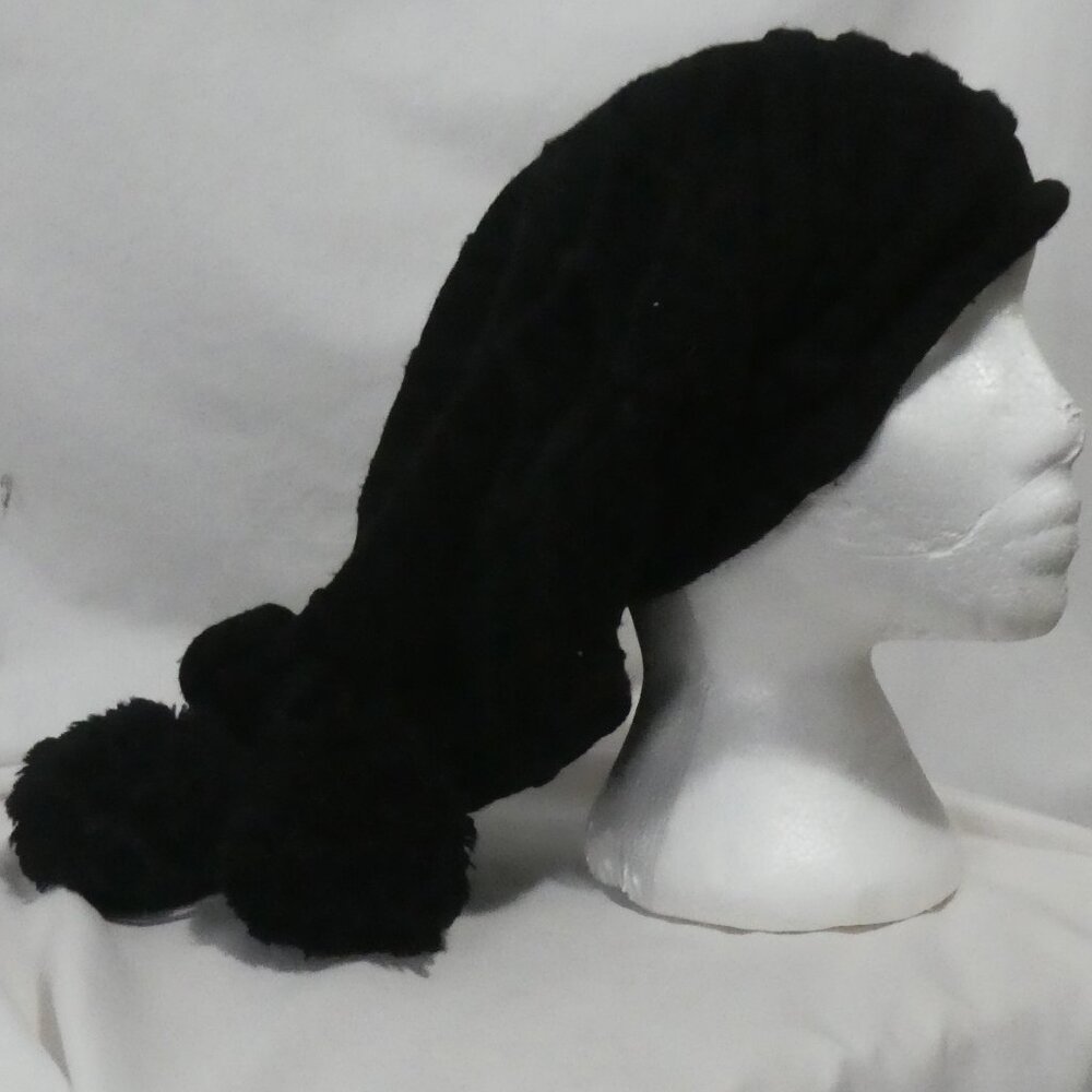 Black Knitted Hat with Pom-Poms